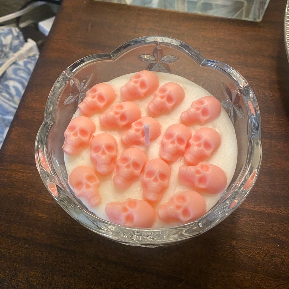 Adorable Pink & white Soy Skull Accent Candle in Mikasa Stardust Crystal Bowl